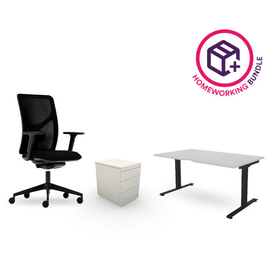 Homeworking bundle containing a PPM90HA Pluto Plus Mesh Task Chair, ASAE14 Aspen Sit/Stand Height Adjustable Desk and a CONMP White Pedestal with locking bottom drawer.